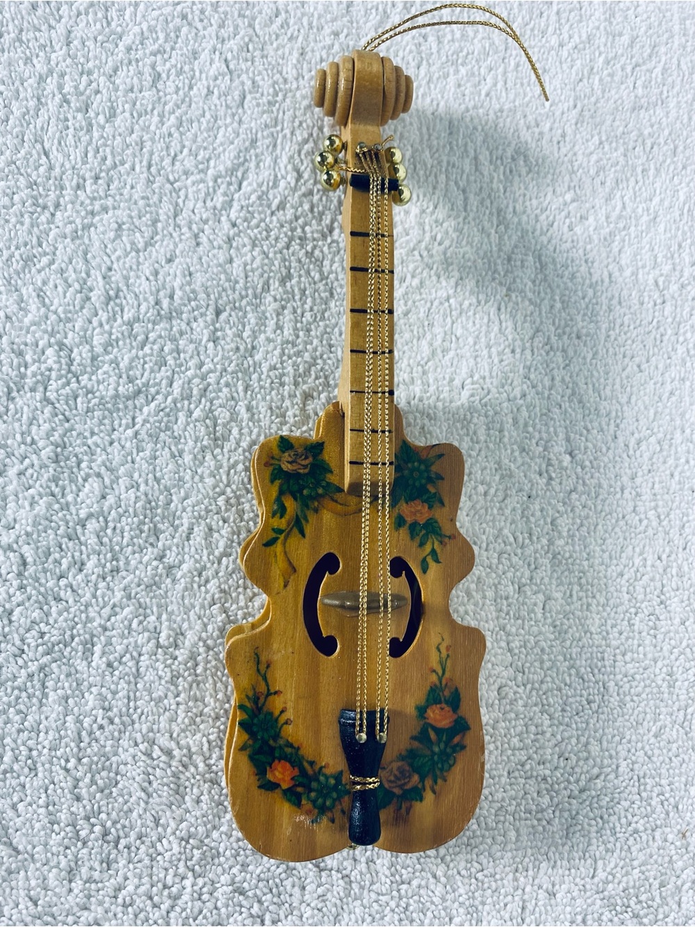 Vintage Miniature Wooden Violin Christmas Ornament Hand Painted Floral